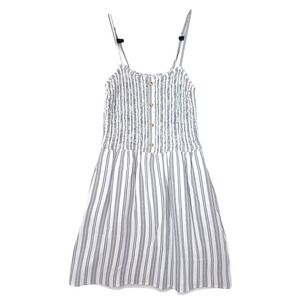 Hollister White Grey Stripe Smocked Bodice Mini Dress Pockets Coastal Girl